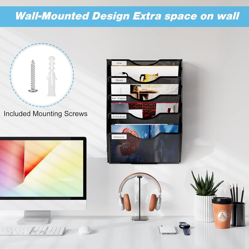 Solinxe Wall Hanging File Holder 5 Pocket Wall Mounted Paper Organizer Magazine File Holder Storage Rack,Black - Image 5